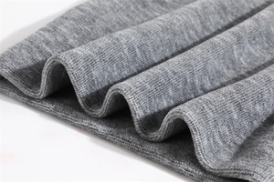 Detailed macro view of the grey ribbed knit fabric texture and soft fold design