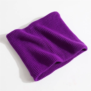 Close-up of purple ribbed knit neck warmer showing fine texture and elastic fabric