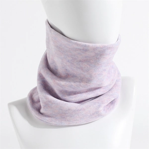 Close-up of light purple knitted neck warmer showing soft texture and elastic fabric