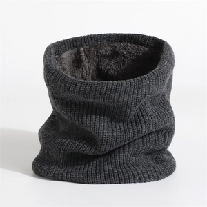 Close-up of dark grey ribbed knit neck warmer with thick brown fleece lining texture