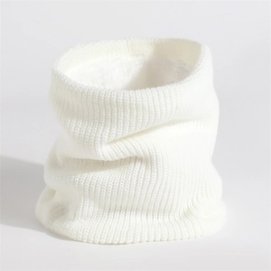 Detailed close-up of white knitted cowl scarf with thick faux fur lining for winter warmth