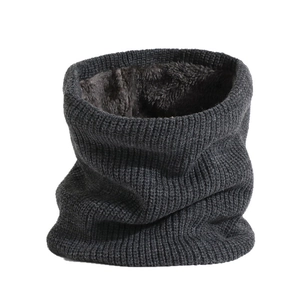 Dark grey knitted neck warmer with thick fleece lining and ribbed texture for winter warmth
