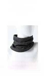 Detail of dark grey fleece-lined neck gaiter with thermal icons and windproof protection
