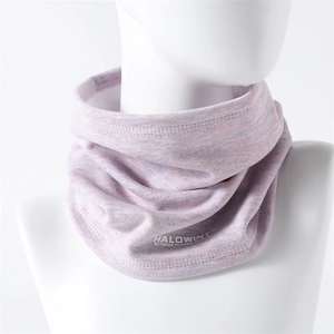 Close-up of light purple textured knit neck warmer with soft fleece lining and sport logo