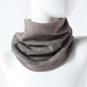 Detail of HALOWINT ribbed knit neck warmer showing soft texture and premium logo print