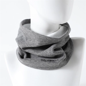 Grey knit neck warmer with fleece lining for cycling featuring outdoor sports lettering