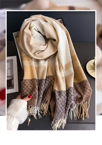 Detail of faux cashmere scarf with classic plaid patterns and handmade tassels