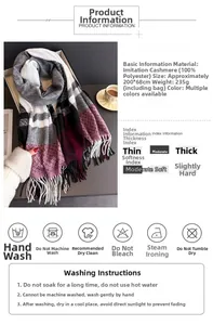 Detail of plaid scarf showing 200x68cm size, soft texture and multicolored fringe