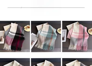 Three elegant plaid scarves with fringe details in dark red, teal, and pink color options