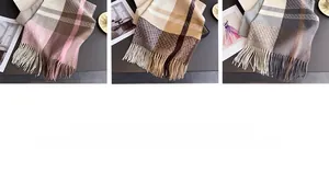 Three-grid detail view of colorful plaid cashmere scarfs with stylish tassel edges