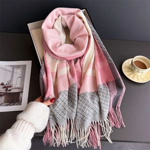 Plaid cashmere-like scarf with tassels in pink and grey, elegant winter accessory