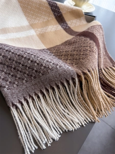 Detailed close-up of thick plaid cashmere feel scarf featuring earth-tone tassels