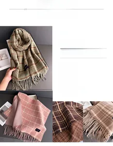 Close-up of soft plaid knit scarf detailing fringe edges and elegant woven brand labels
