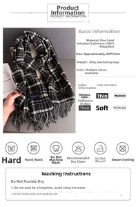 Detail of black and white checkered scarf with fringe showing material and 200x53cm dimensions