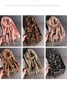 Detailed grid display of soft cashmere-feel scarves featuring fringes and vintage patterns