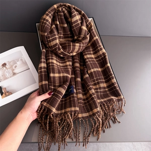 Classic brown plaid cashmere-like scarf with soft fringe edges for women winter fashion