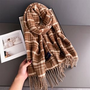 Brown and white checkered cashmere scarf with fringe and Elegant Classic brand label