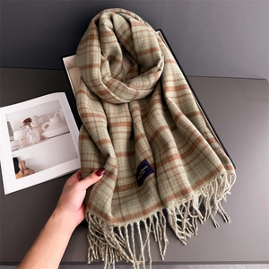 Green and brown plaid cashmere-feel scarf with fringes and minimalist aesthetic