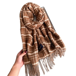 Classic brown checkered fringe scarf in soft cashmere style for autumn winter wear