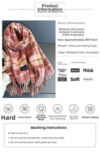 Detail of pink plaid imitation cashmere scarf with tassels, size 200x53cm and 265g weight