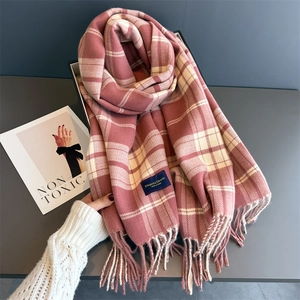 Pink and white checkered faux cashmere scarf with tassels and navy brand label