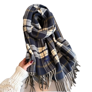 Classic blue and yellow plaid cashmere-like scarf with long tassels and woven label
