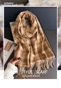 Detail of plaid imitation cashmere scarf with tassels in a premium gift box packaging