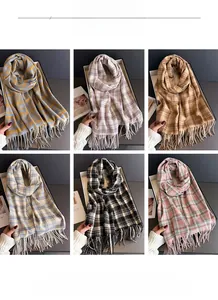 Detailed color display of plaid tassel scarves in six elegant autumn color palettes
