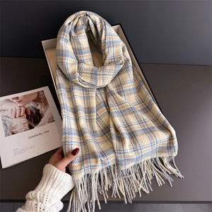 Elegant plaid cashmere-feel scarf with fringes in light blue and beige colors