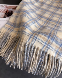 Detailed close-up of plaid cashmere-like scarf texture and long tassels