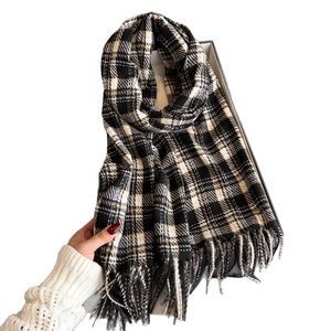 Classic plaid scarf with fringes in black and beige, thick warm winter shawl for women