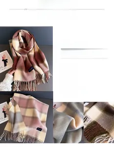 Detail of soft plaid scarves with fringe edges showing 2025 seasonal knit texture