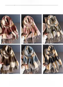 Detailed grid view of plaid scarves in six colors with decorative long tassels