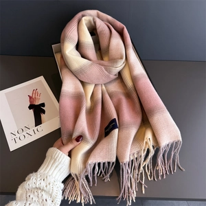 Pink and grey plaid cashmere-feel scarf with elegant tassels and classic brand label