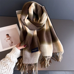 Close-up of retro plaid scarf with tassels, featuring thick texture and autumn colors