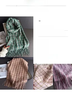 Close-up of assorted vintage plaid scarves with fringes in various trendy colors