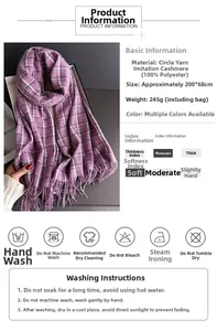 Detail specifications of purple plaid scarf showing 200x68cm size and cashmere-like fabric