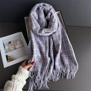 Classic lilac plaid scarf with tassels, soft cashmere feel wrap for autumn winter fashion