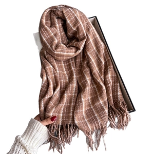 Classic brown plaid tassel scarf in soft cashmere-like fabric for winter warmth