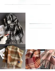 Detail of plaid cashmere scarf with soft tassels in various classic autumn colors