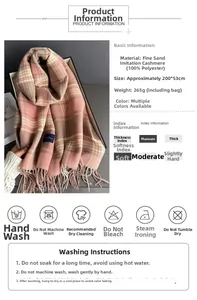 Detail of pink-beige plaid scarf showing tassels and technical material specifications