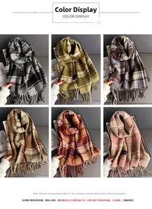 Detail view of six tassel scarves in classic plaid patterns and various color options