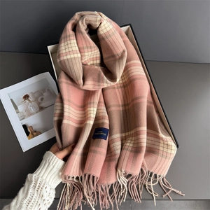 Plaid cashmere-like tassel shawl in dusty pink and cream, elegant winter neck warmer