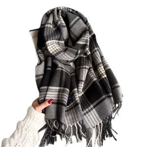 Classic black and white plaid cashmere-like scarf with fringe tassels for winter warmth