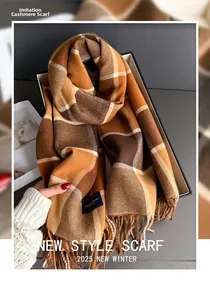 Macro detail of plaid cashmere-like scarf with fringe and Elegant Classic label