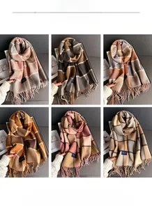 Six colors of checkered cashmere-feel scarves with fringe details shown in a grid layout