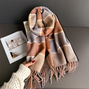 Plaid cashmere feel scarf with fringe tassel, warm geometric checkered winter shawl