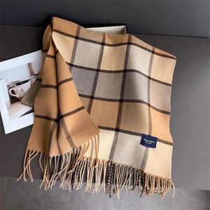 Close-up of elegant plaid scarf with fringe detail and classic woven brand label