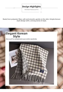 Detailed view of the soft plaid pattern and fine fringe edge of the polyester scarf