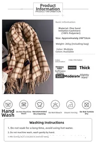 Detail view of plaid cashmere-feel scarf with fringe edges and 200x53cm specifications
